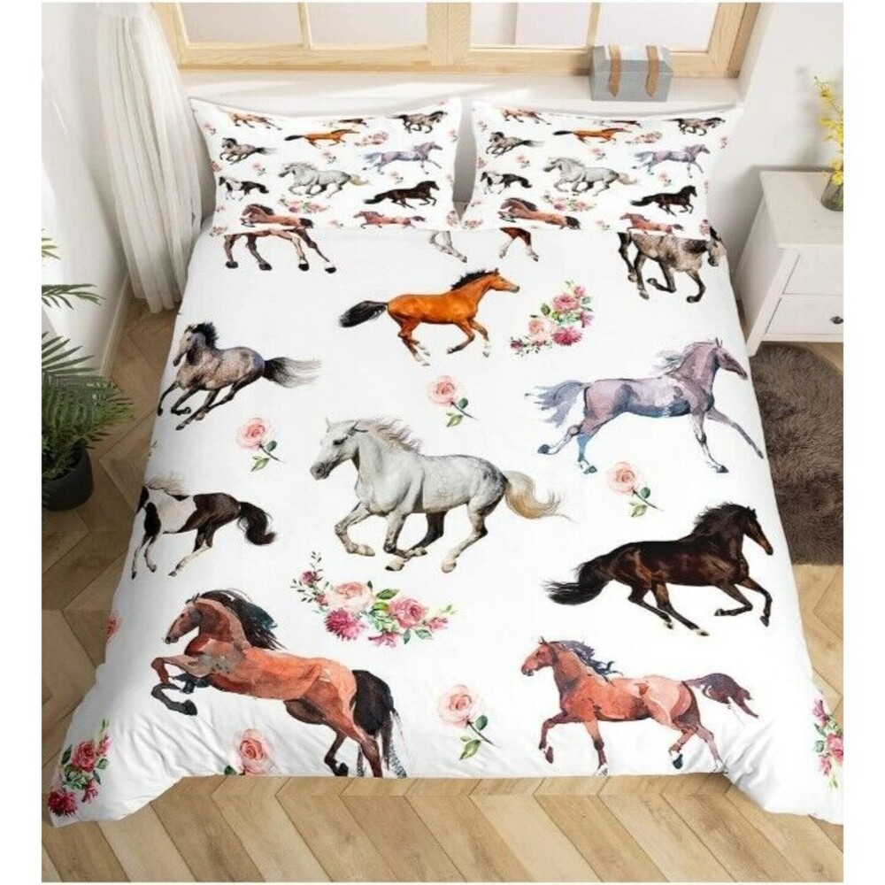 Horses Duvet Cover Set Full,Floral Plant Bedding Set 3pcs 80"x90"